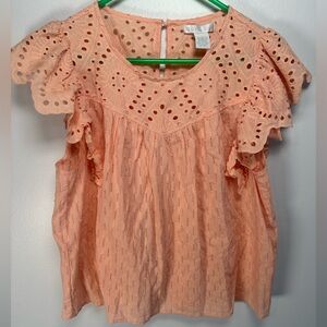 Coral Eyelet Ruffle Sleeve Top 100% cotton Size Large NWT